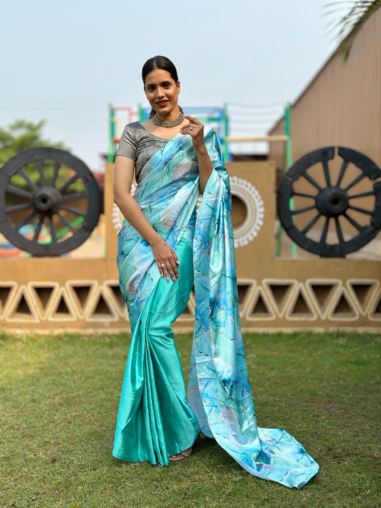 1-min ready to wear satin half-half digital print saree with unstitch blouse.