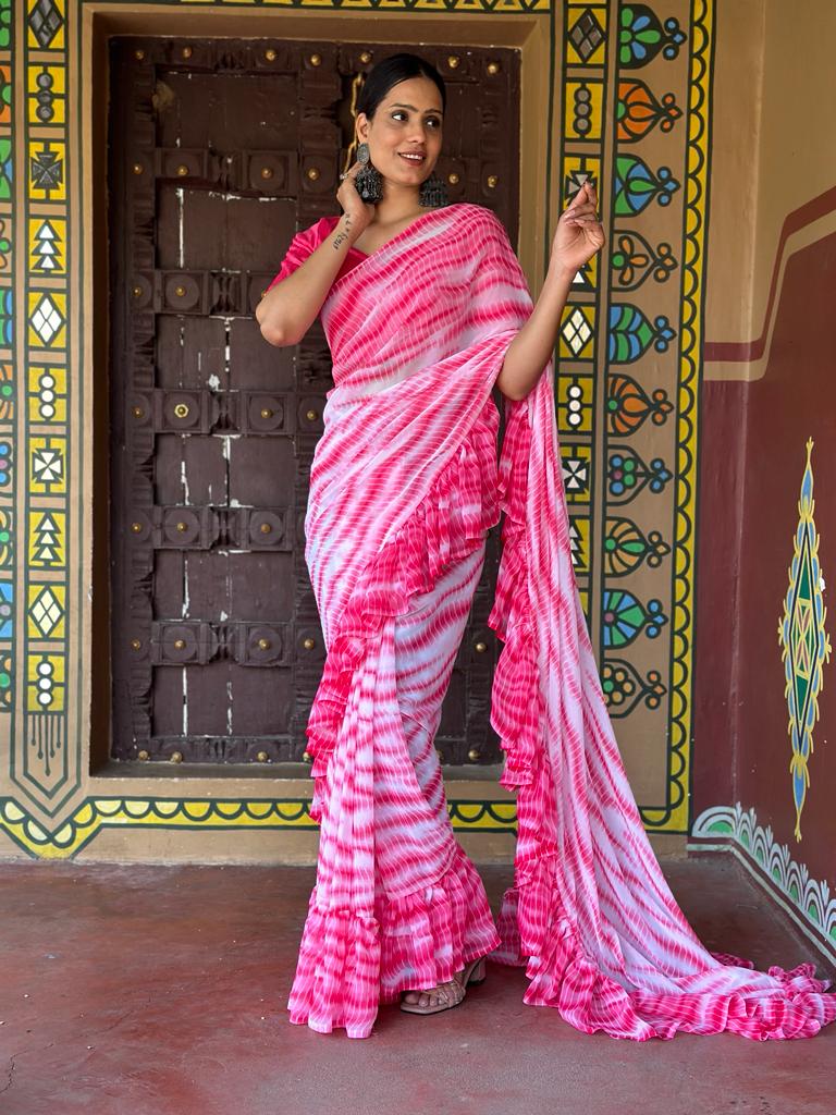 1-min ready to wear fox georgette shibori print ruffle saree with unstitch blouse. Pooja Ruffle Pink