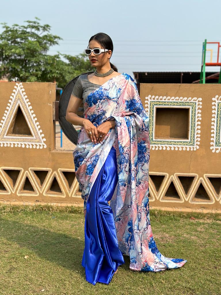 1-min ready to wear satin half-half digital print saree with unstitch blouse. Italian blue