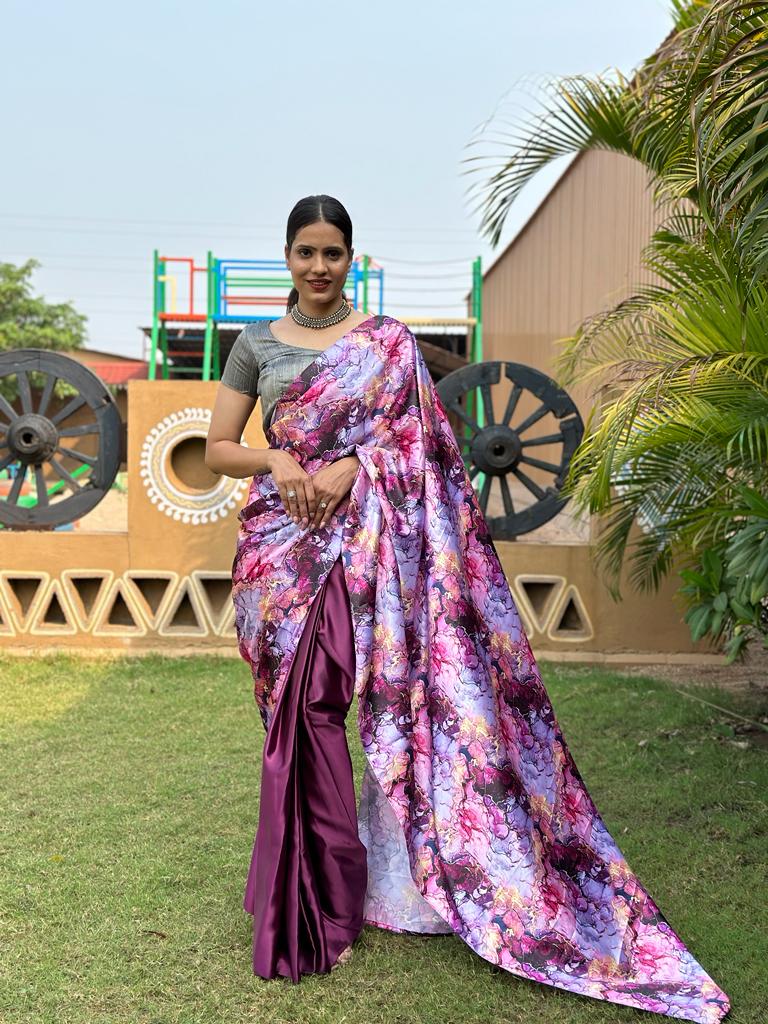 1-min ready to wear satin half-half digital print saree with unstitch blouse. Italian Wine