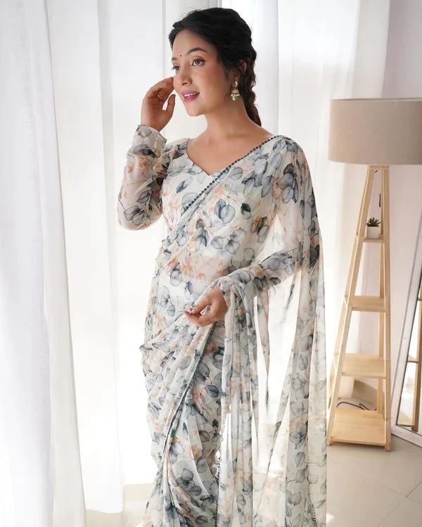 gray patti - 1 Min ready to wear fox georgette floral digital print saree with unstitch blouse. GRAY PATTI