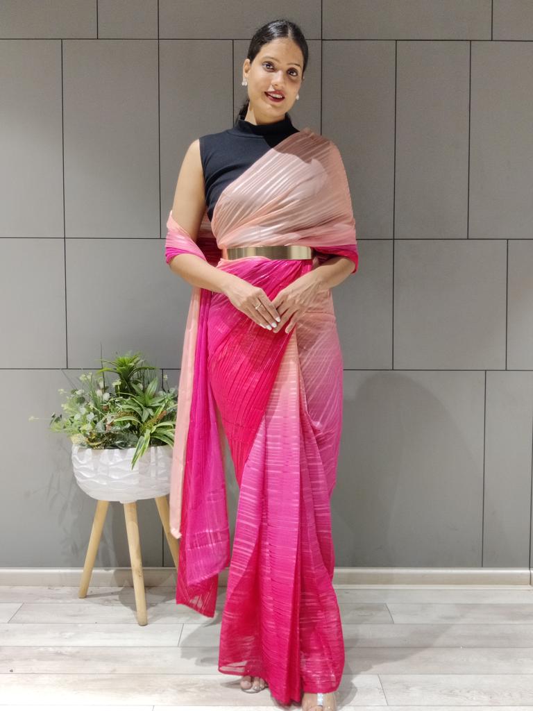 1-min ready to wear satin patti 3d shaded saree with unstitch blouse. D9 PINK