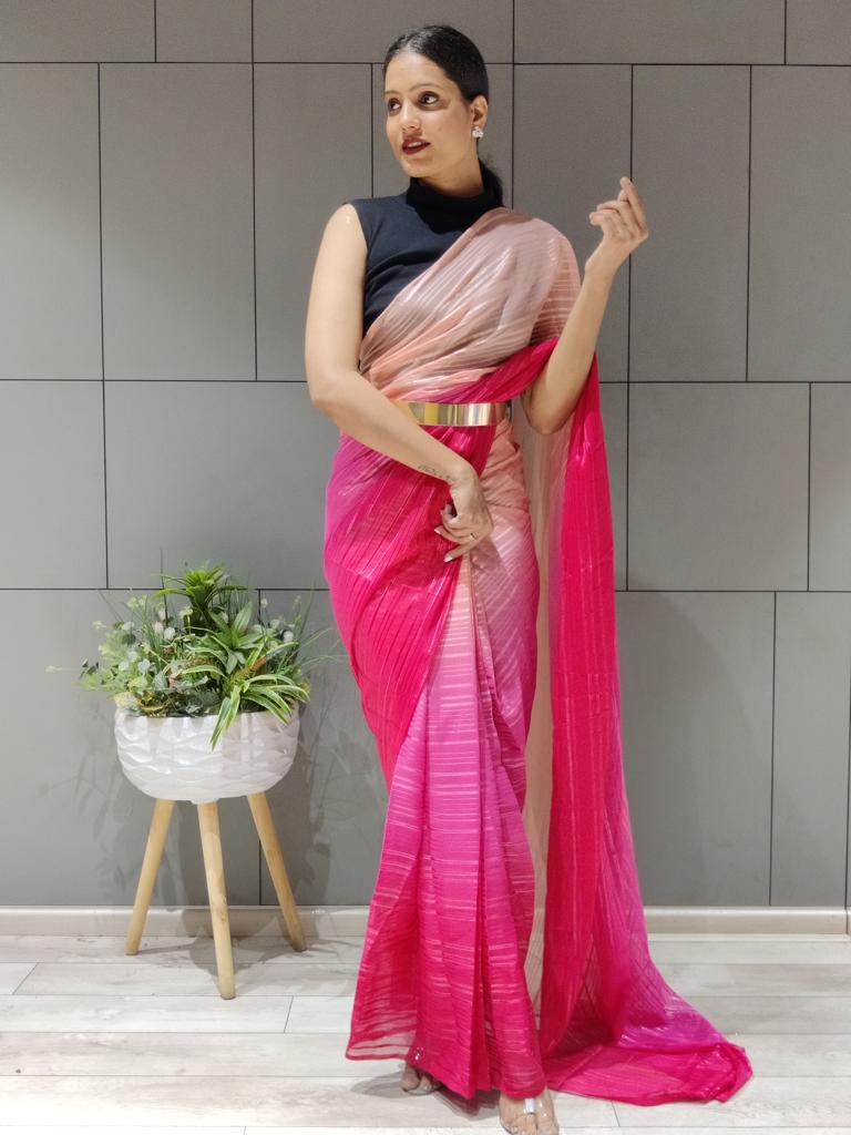 1-min ready to wear satin patti 3d shaded saree with unstitch blouse. D9 PINK