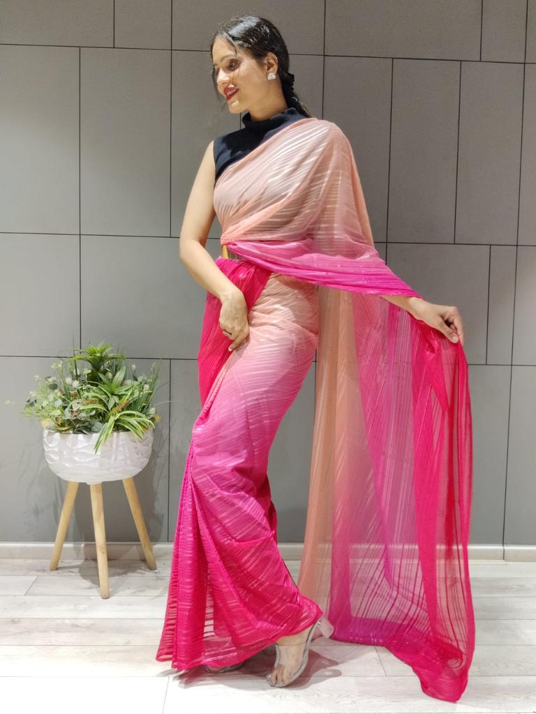 1-min ready to wear satin patti 3d shaded saree with unstitch blouse. D9 PINK