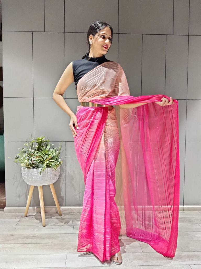 1-min ready to wear satin patti 3d shaded saree with unstitch blouse. D9 PINK