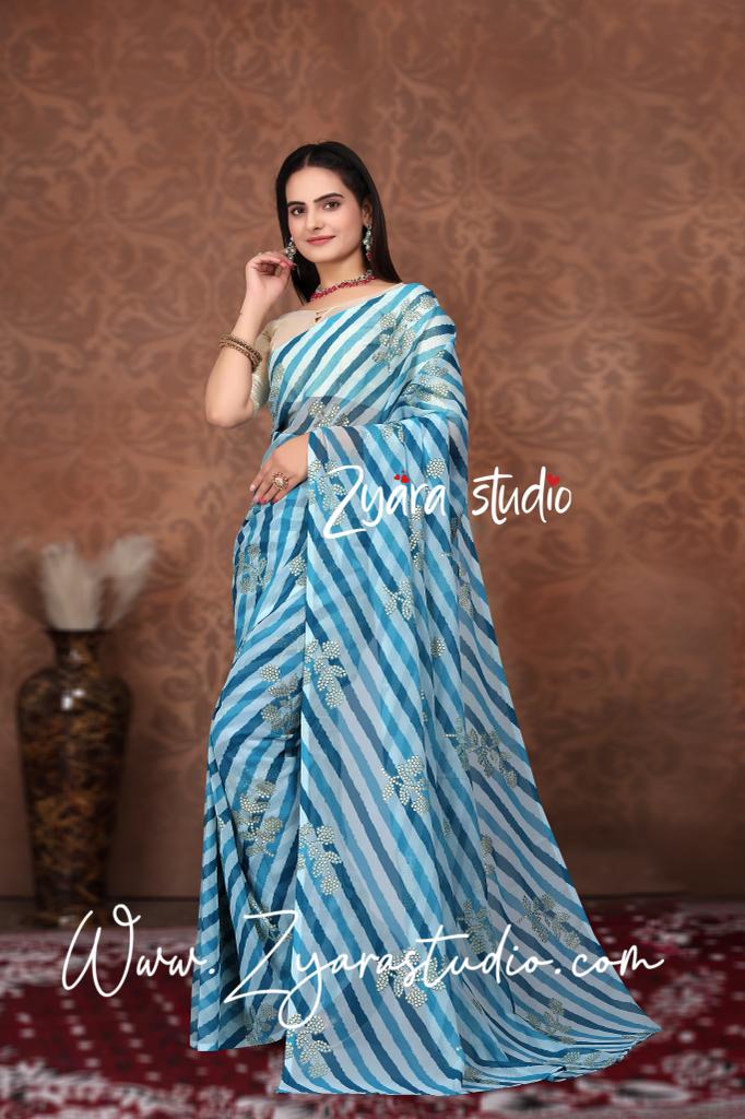 1-min ready to wear in fox georgette leriya and foil print design saree with unstitch blouse. FOIL LERIYA S.BLUE