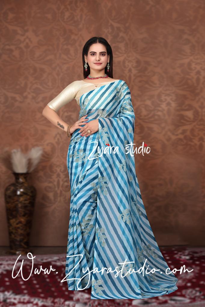 1-min ready to wear in fox georgette leriya and foil print design saree with unstitch blouse. FOIL LERIYA S.BLUE