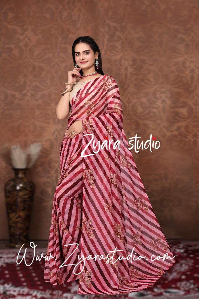 1-min ready to wear in fox georgette leriya and foil print design saree with unstitch blouse.