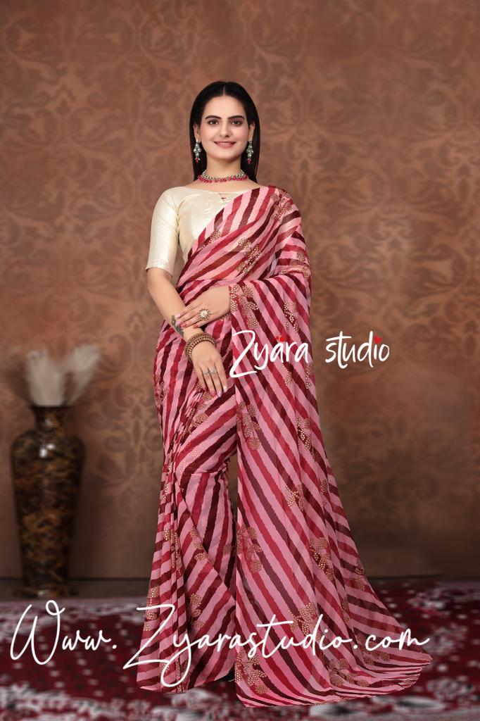 1-min ready to wear in fox georgette leriya and foil print design saree with unstitch blouse.