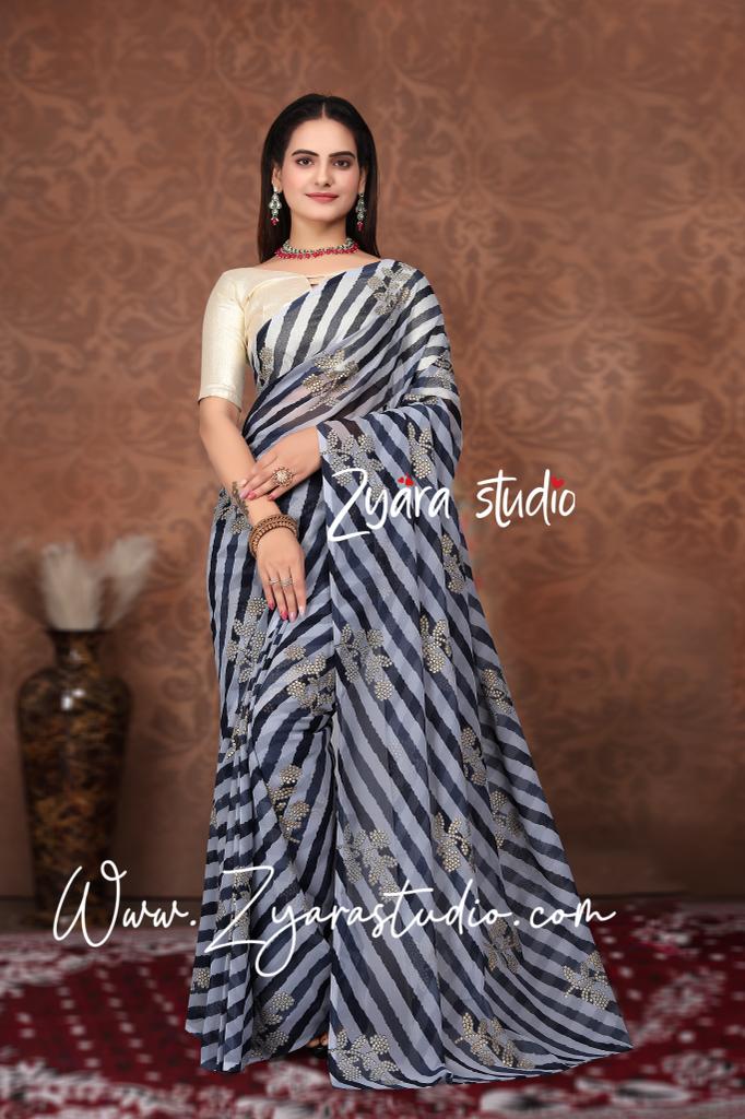 1-min ready to wear in fox georgette leriya and foil print design saree with unstitch blouse. FOIL LERIYA BLACK