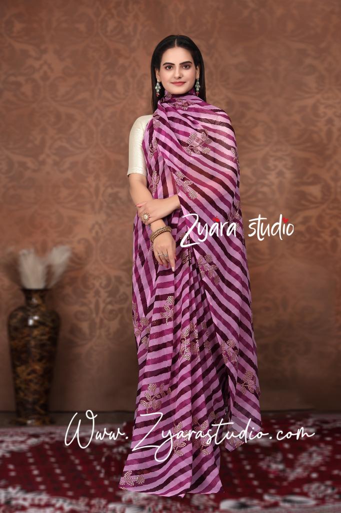 1-min ready to wear in fox georgette leriya and foil print design saree with unstitch blouse. FOIL LERIYA PURPLE