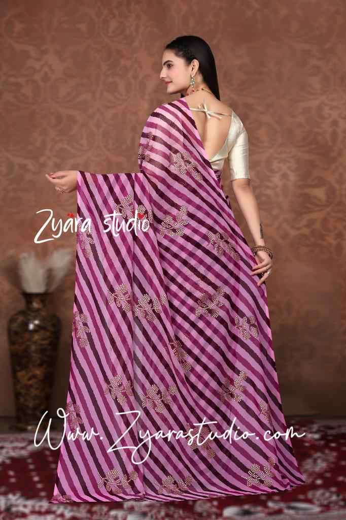 1-min ready to wear in fox georgette leriya and foil print design saree with unstitch blouse. FOIL LERIYA PURPLE