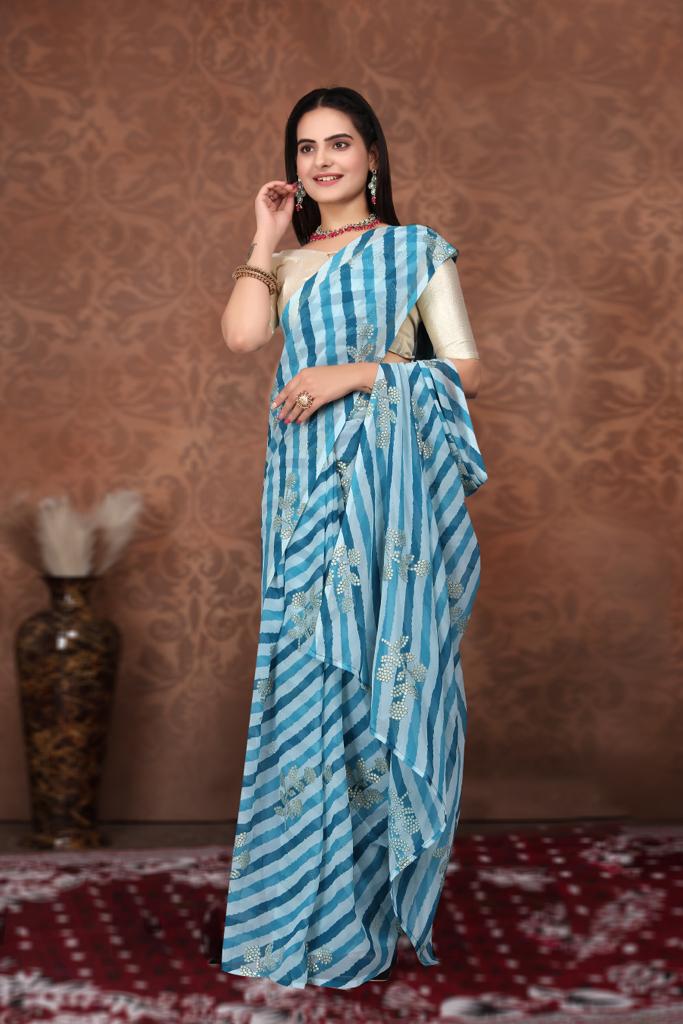 1-min ready to wear in fox georgette leriya and foil print design saree with unstitch blouse. FOIL LERIYA S.BLUE