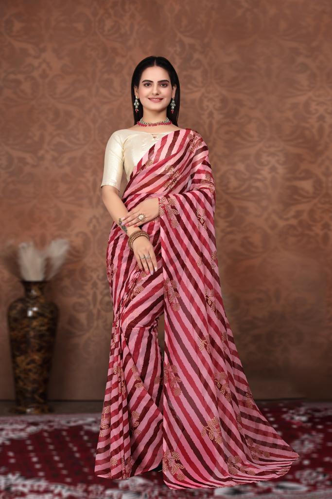 1-min ready to wear in fox georgette leriya and foil print design saree with unstitch blouse.