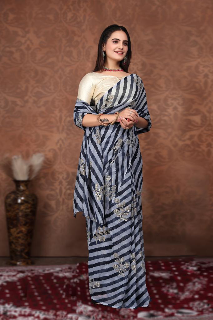 1-min ready to wear in fox georgette leriya and foil print design saree with unstitch blouse. FOIL LERIYA BLACK