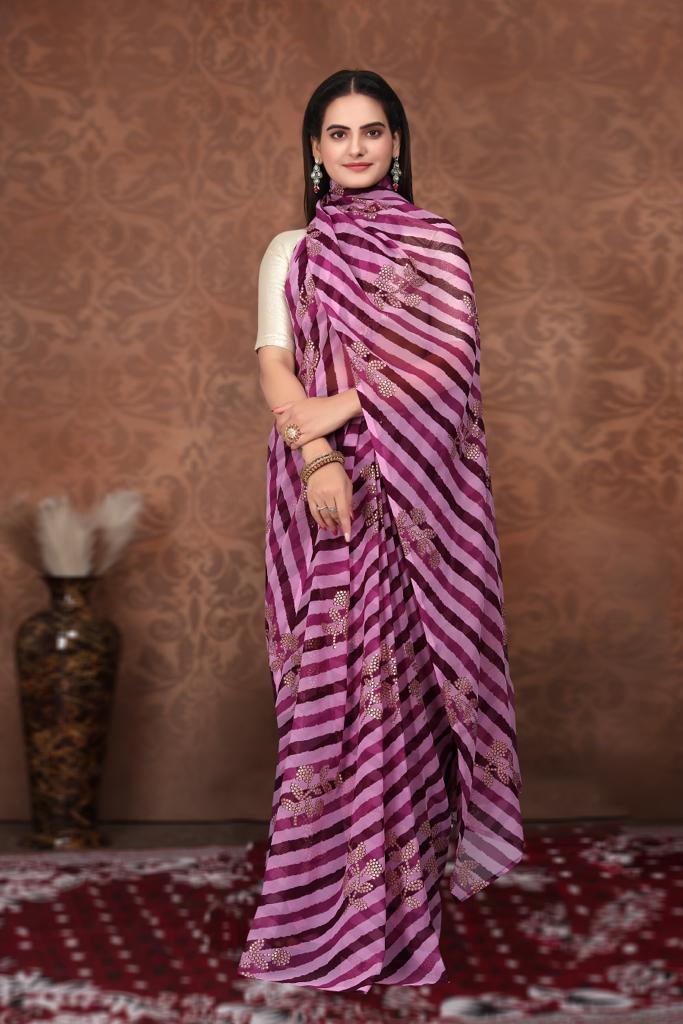 1-min ready to wear in fox georgette leriya and foil print design saree with unstitch blouse. FOIL LERIYA PURPLE