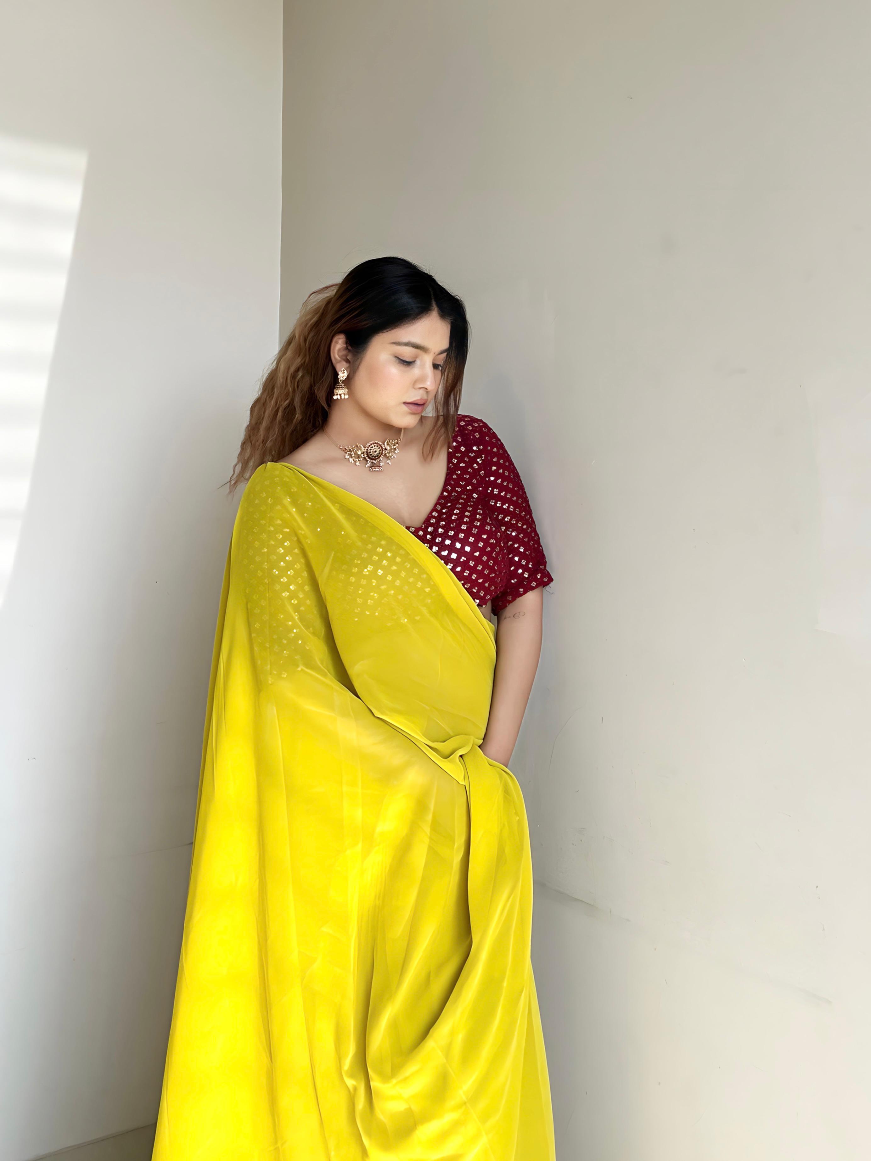 1-min ready to wear fox georgette samosa lase saree with unstitch 3mm sequence design blouse.  KANAK YELLOW