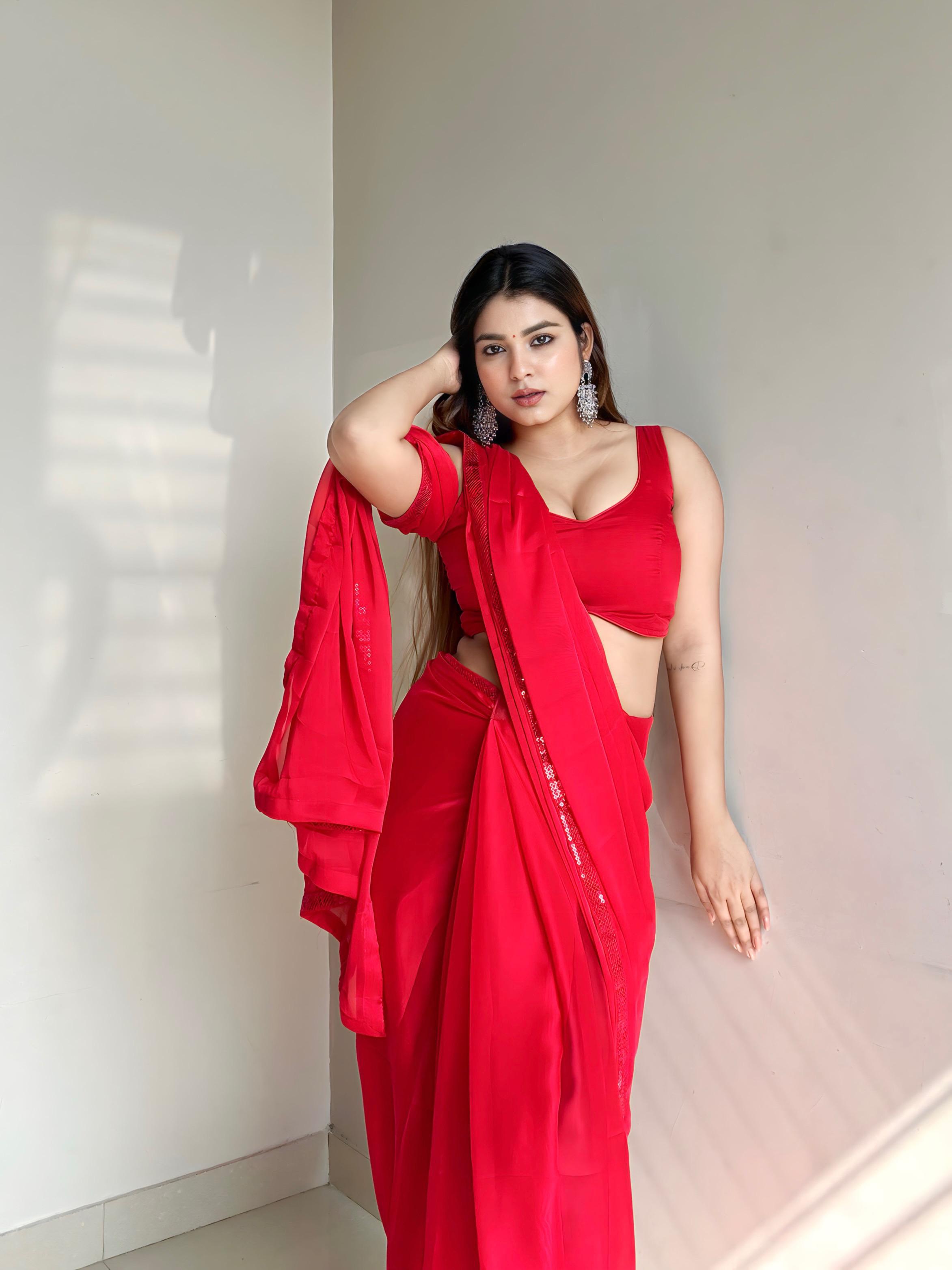 1-Min Ready to Wear Red Rangoli Saree with Sequins Work Border and Unstitched Blouse - ZARA RED