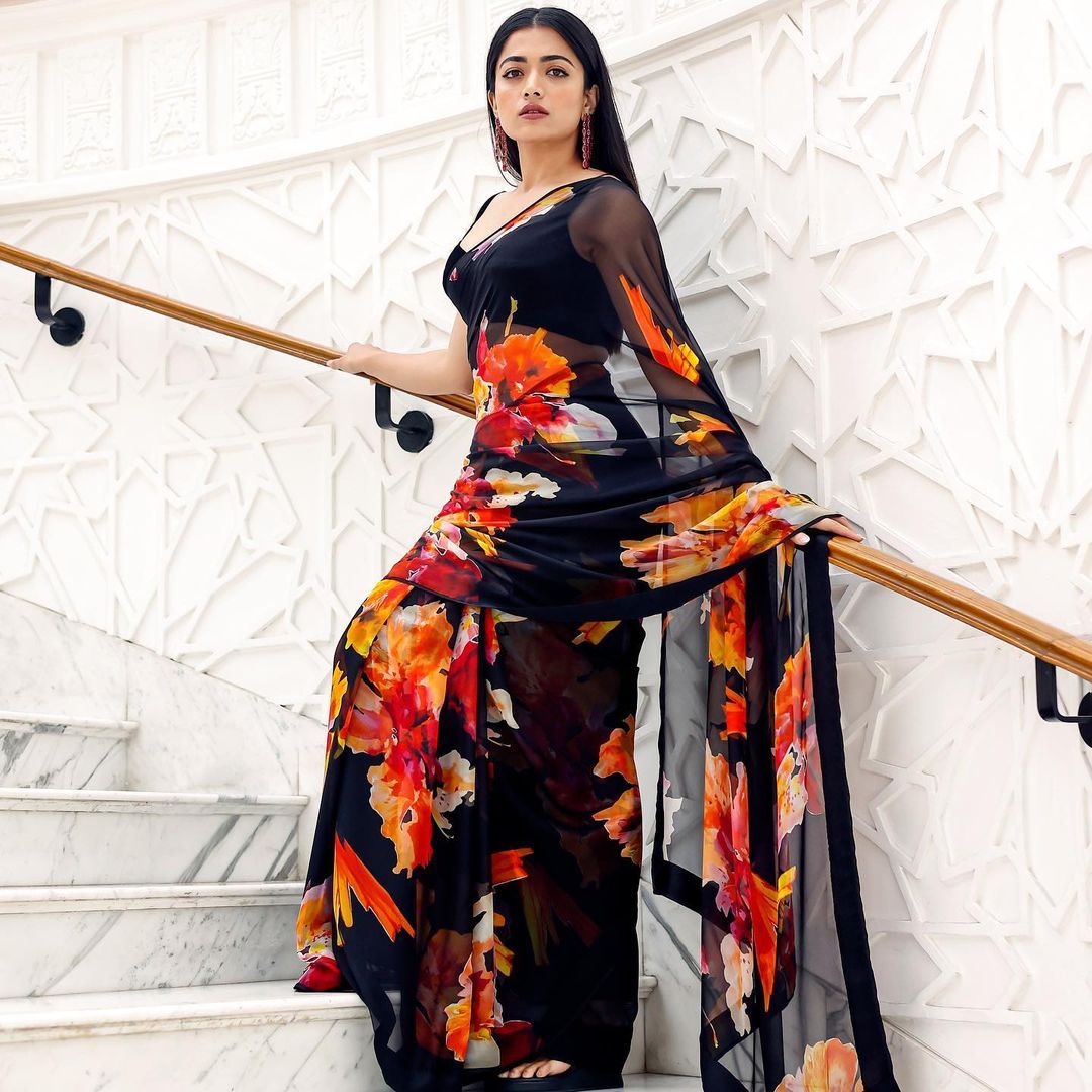 1-Min ready to wear fox georgette floral digital print saree with unstitch blouse. RASHMI BLACK