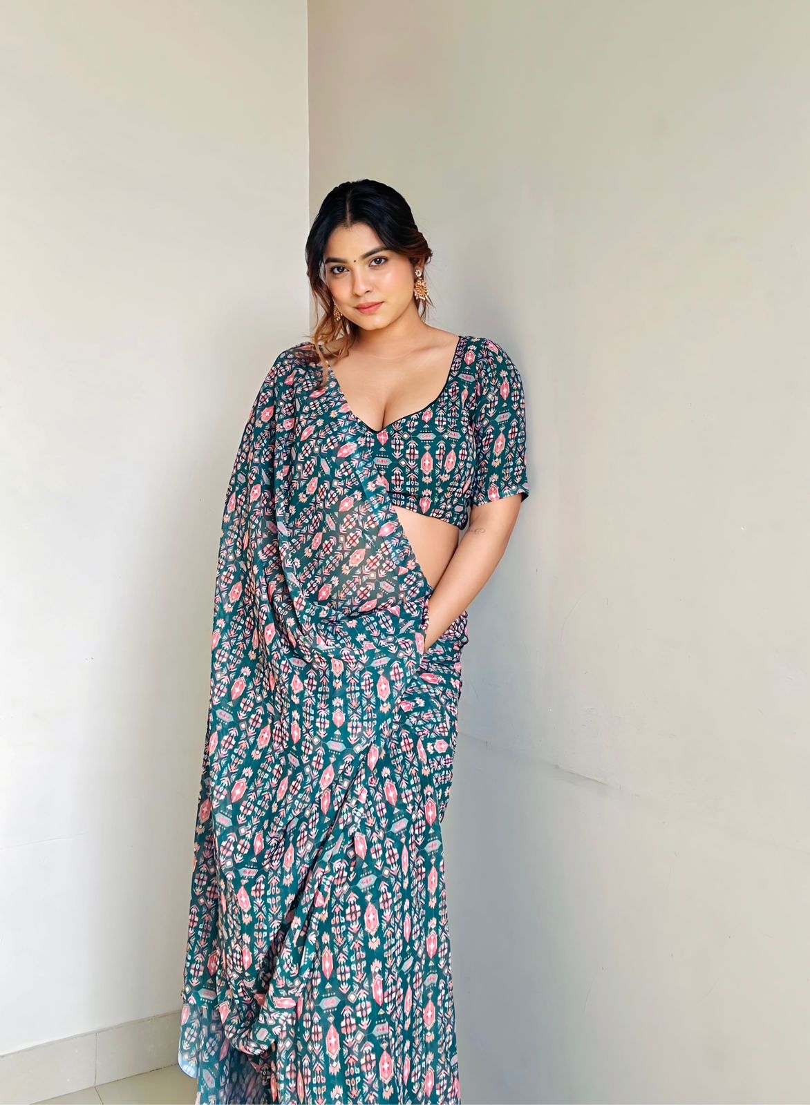 1-min ready to wear fox georgette digital print saree with unstitch blouse.  MINA GREEN