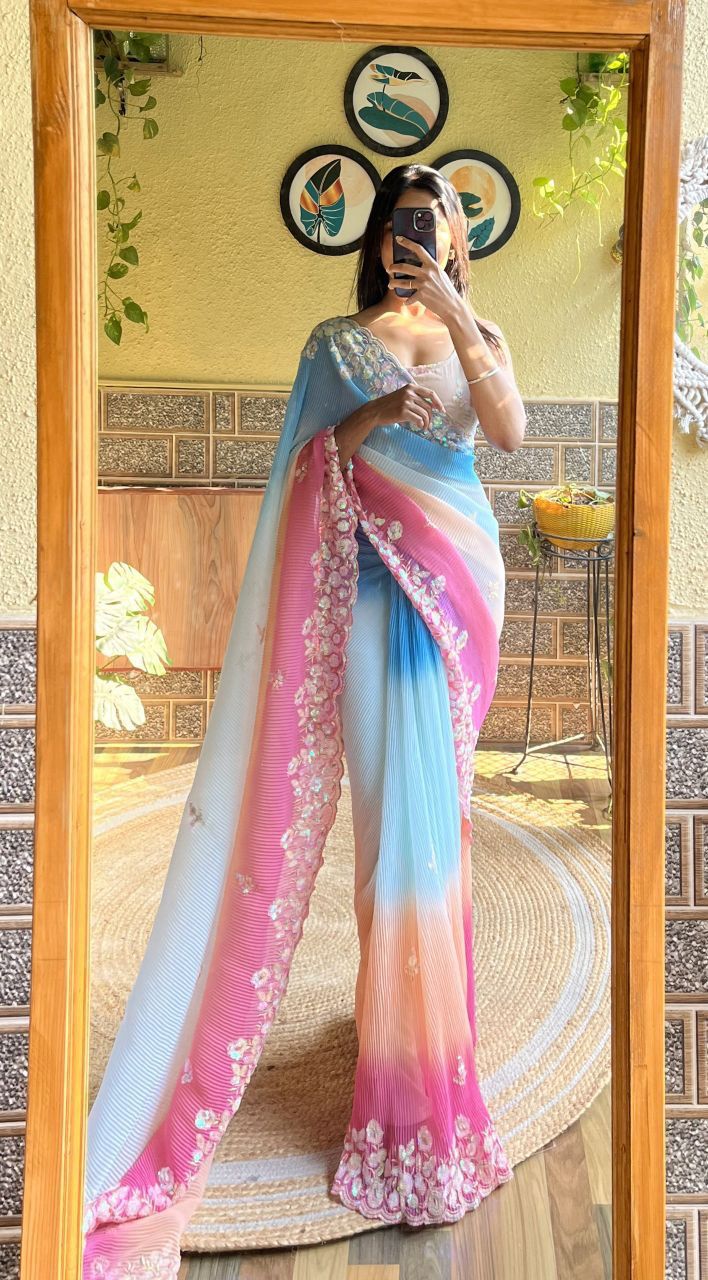 Aliya Crush - Most Beautiful Saree in Georgette with Crush Pattern Fabric & Sequence Embroidery Work Saree