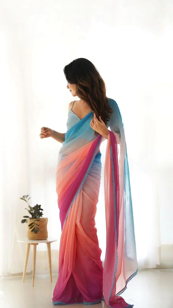 sunrise 1 min ready to wear fox georgette 3d shade saree with unstitch blouse. Alia sunrise2