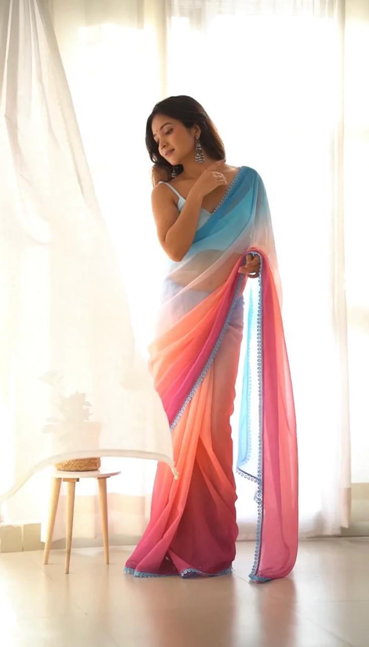 sunrise 1 min ready to wear fox georgette 3d shade saree with unstitch blouse. Alia sunrise2