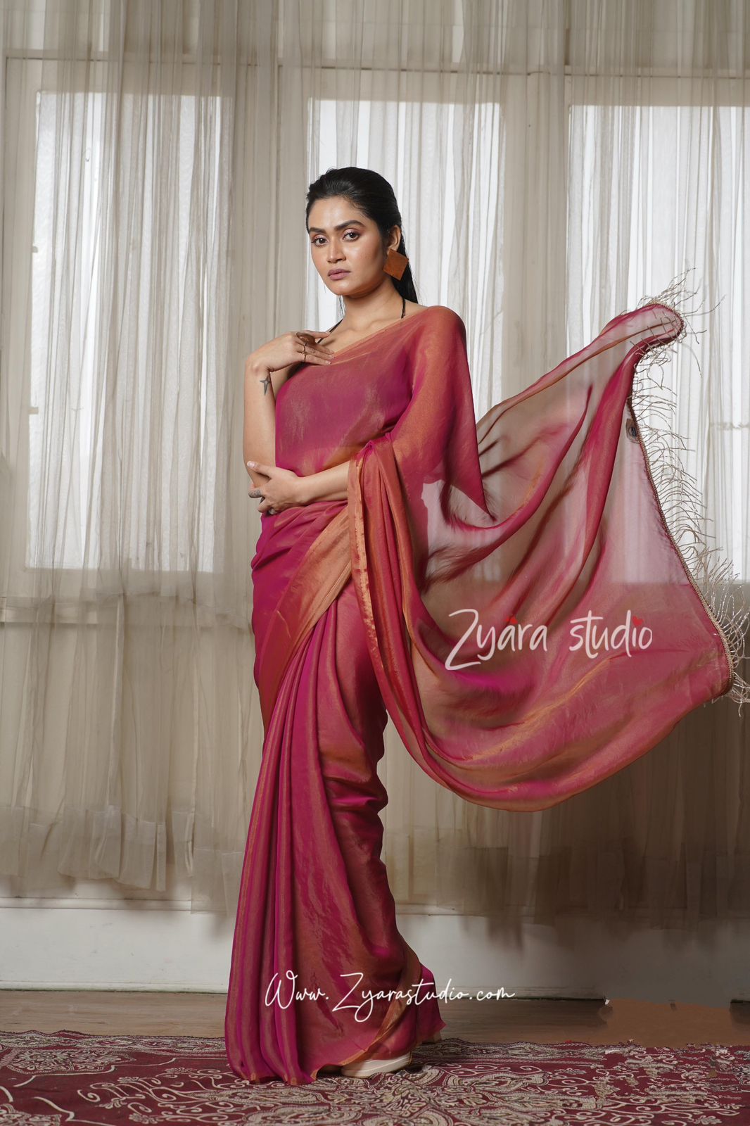 Molten Hot Pink Shimmer Satin Saree with Handmade Tassels on Pallu