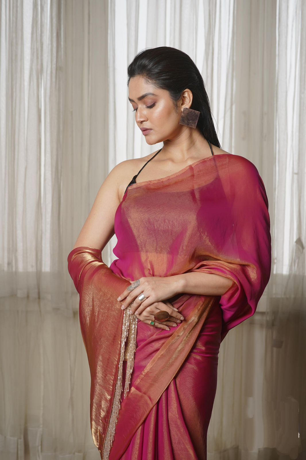 Molten Hot Pink Shimmer Satin Saree with Handmade Tassels on Pallu