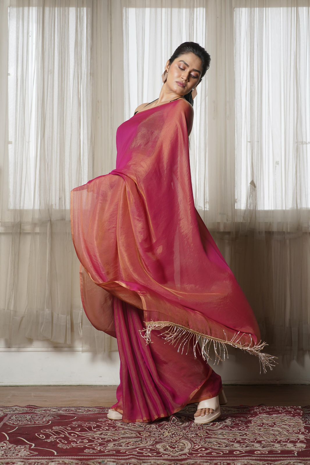 Molten Hot Pink Shimmer Satin Saree with Handmade Tassels on Pallu