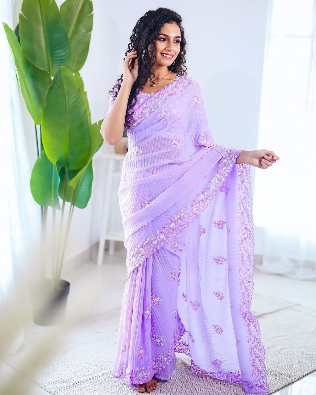 Jasmine Purple - Most Beautiful Saree in Georgette with Crush Pattern Fabric & Sequence Embroidery Work Saree