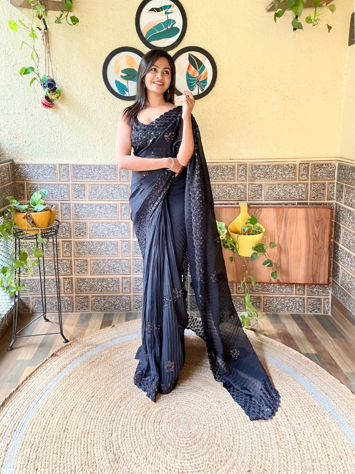 Jasmine Black - Most Beautiful Saree in Georgette with Crush Pattern Fabric & Sequence Embroidery Work Saree