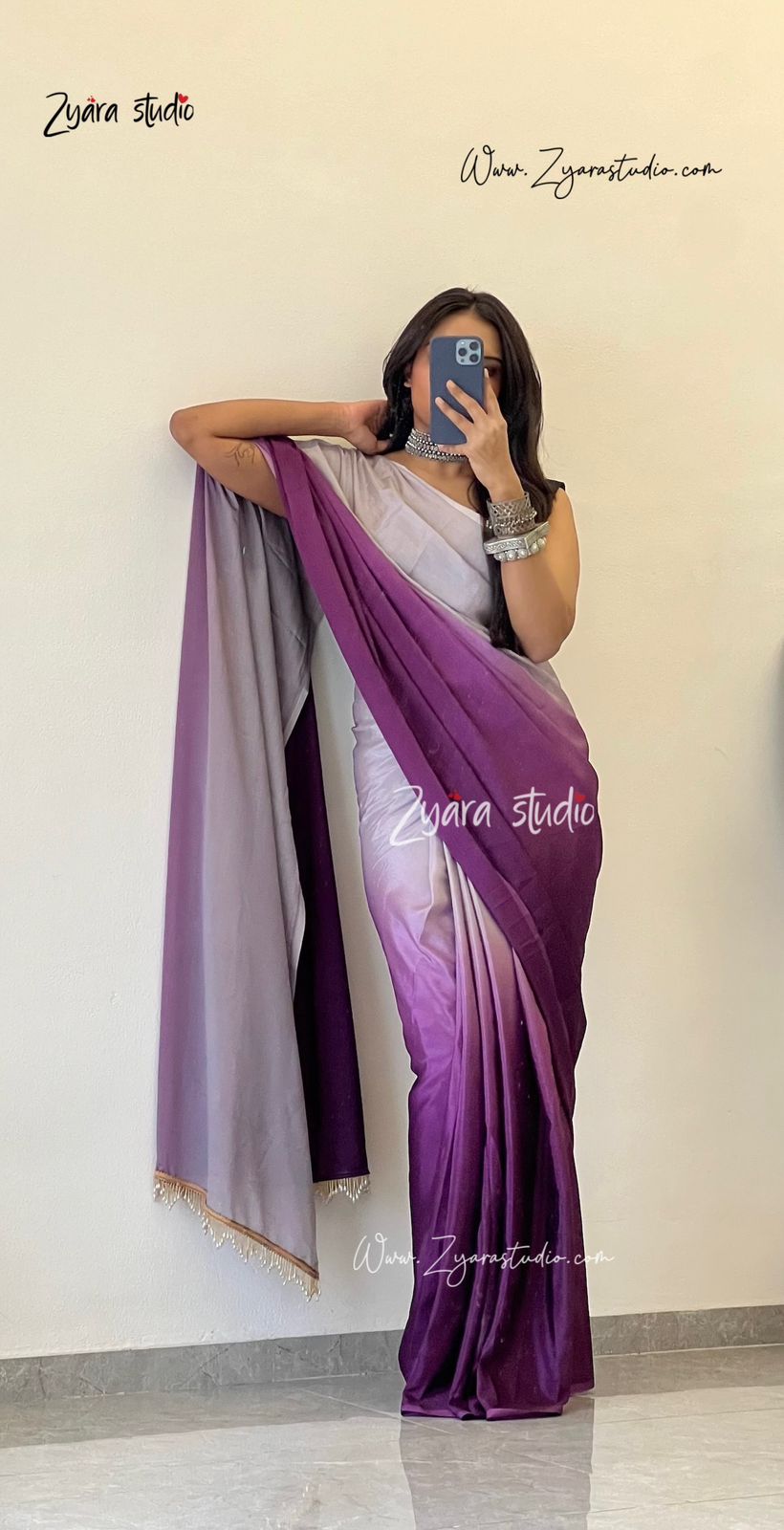 Tassels Onion : 1 Min Ready to Wear Ombre Georgette Silk Saree with Unstitched Blouse