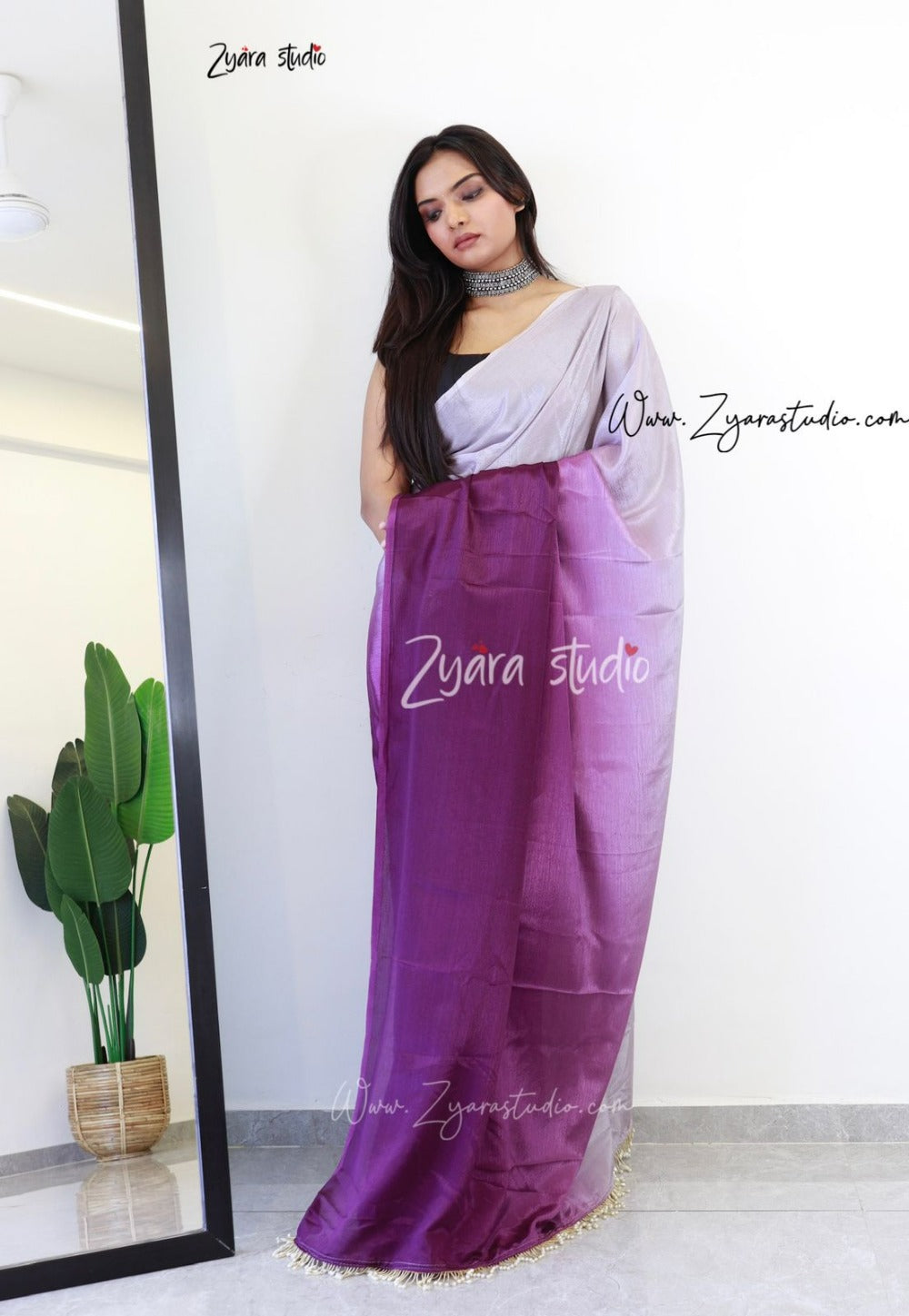 Tassels Onion : 1 Min Ready to Wear Ombre Georgette Silk Saree with Unstitched Blouse