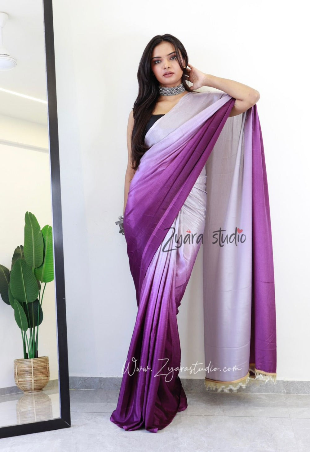 Tassels Onion : 1 Min Ready to Wear Ombre Georgette Silk Saree with Unstitched Blouse