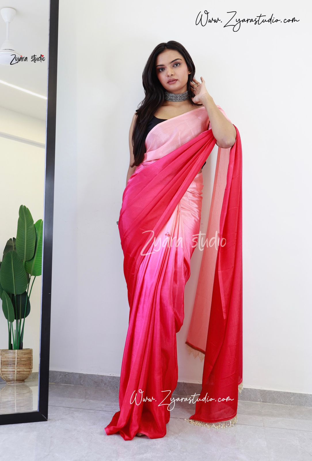 Tassels Pink : 1 Min Ready to wear Ombre Georgette Silk Saree with Unstitched Blouse