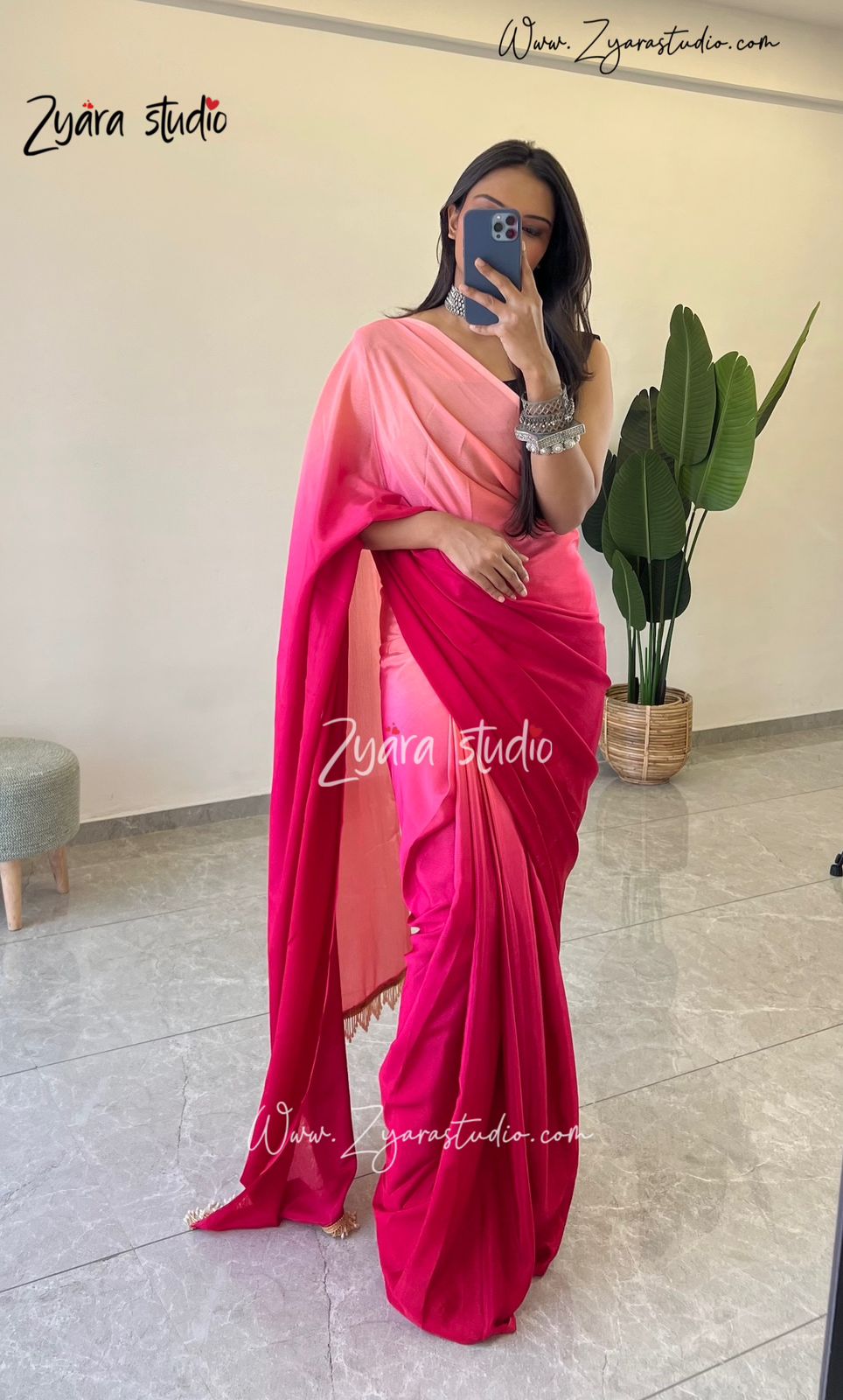 Tassels Pink : 1 Min Ready to wear Ombre Georgette Silk Saree with Unstitched Blouse