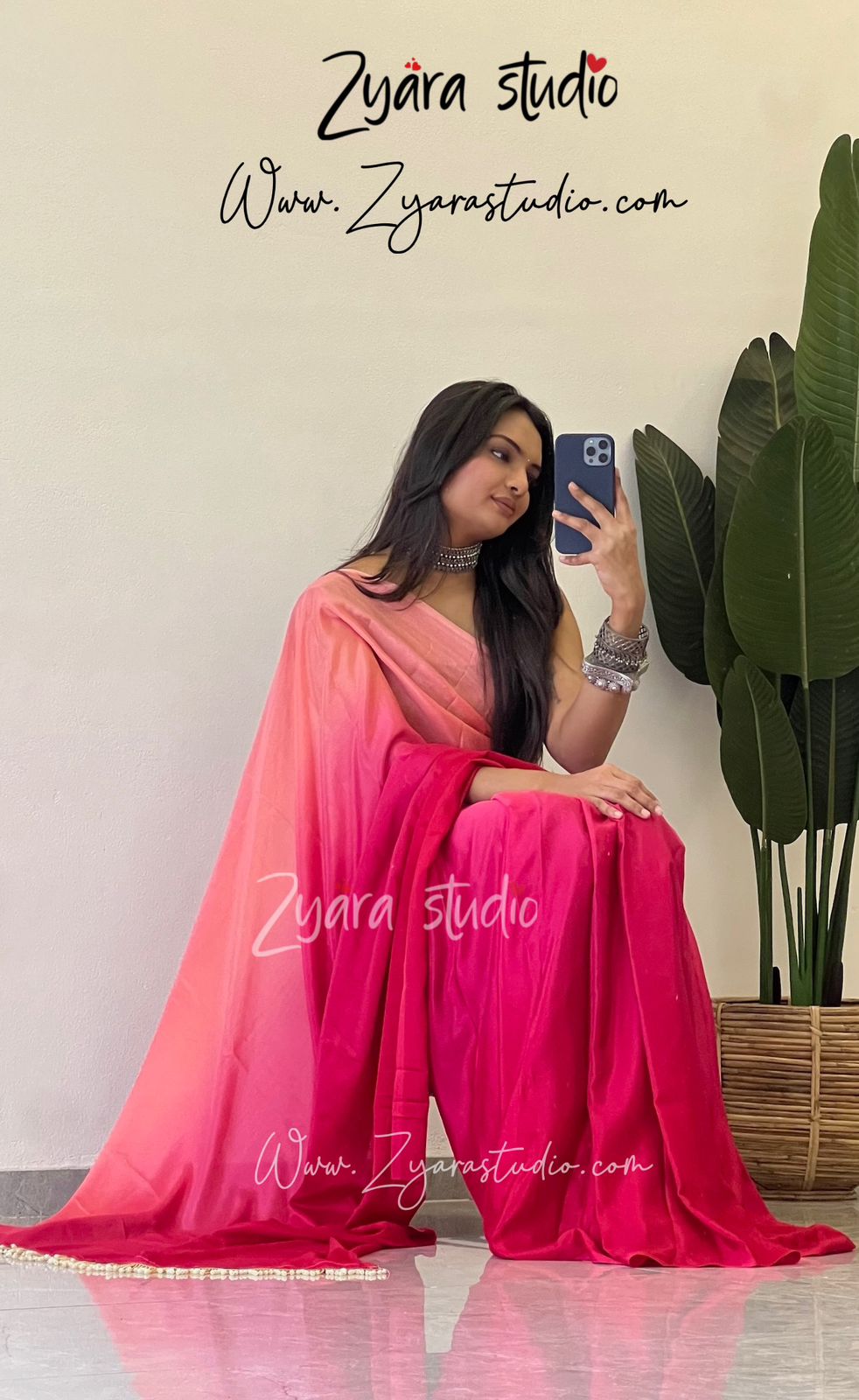 Tassels Pink : 1 Min Ready to wear Ombre Georgette Silk Saree with Unstitched Blouse