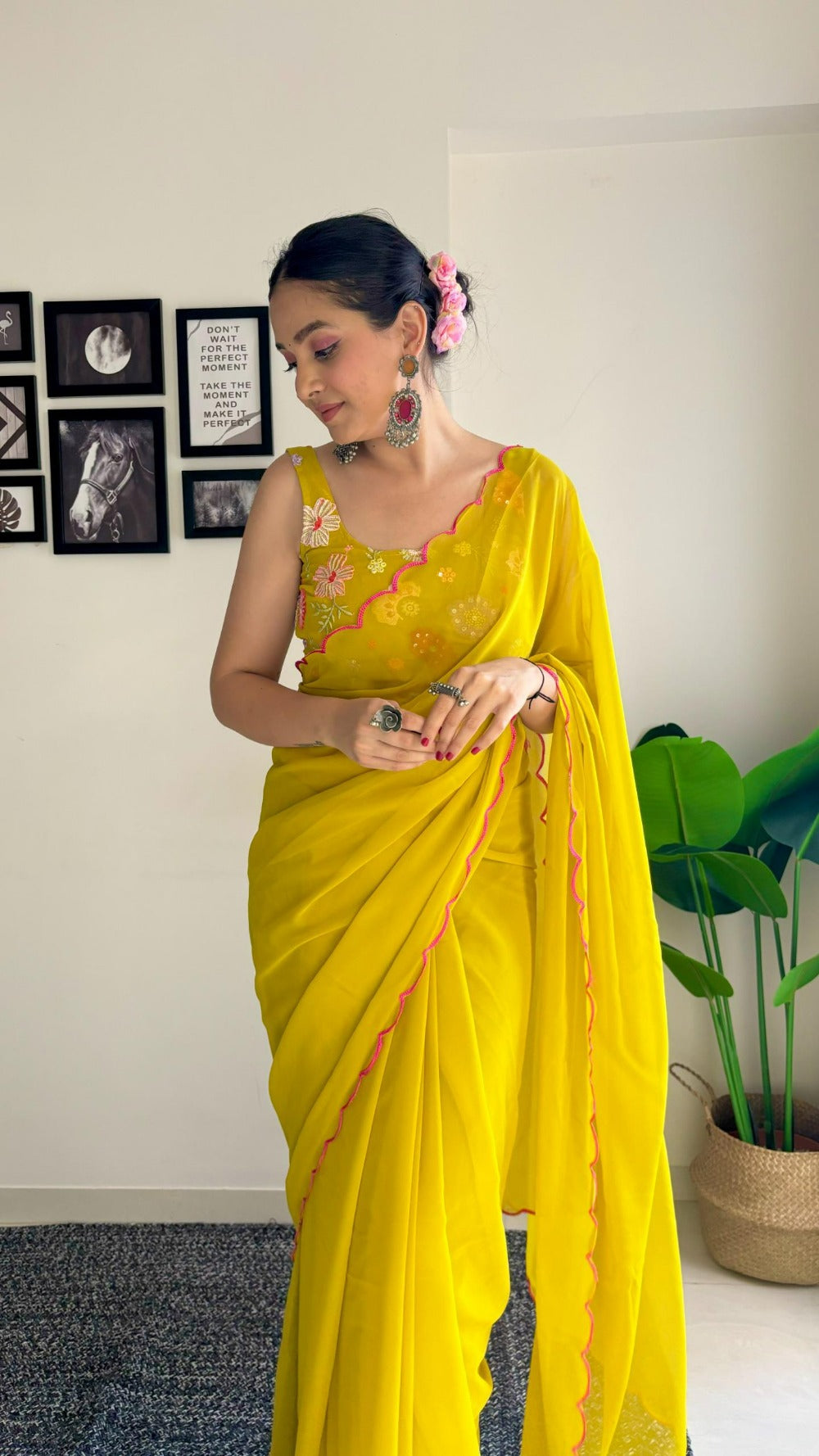 Sweta Yellow Saree: Fox Georgette with Unstitched Blouse