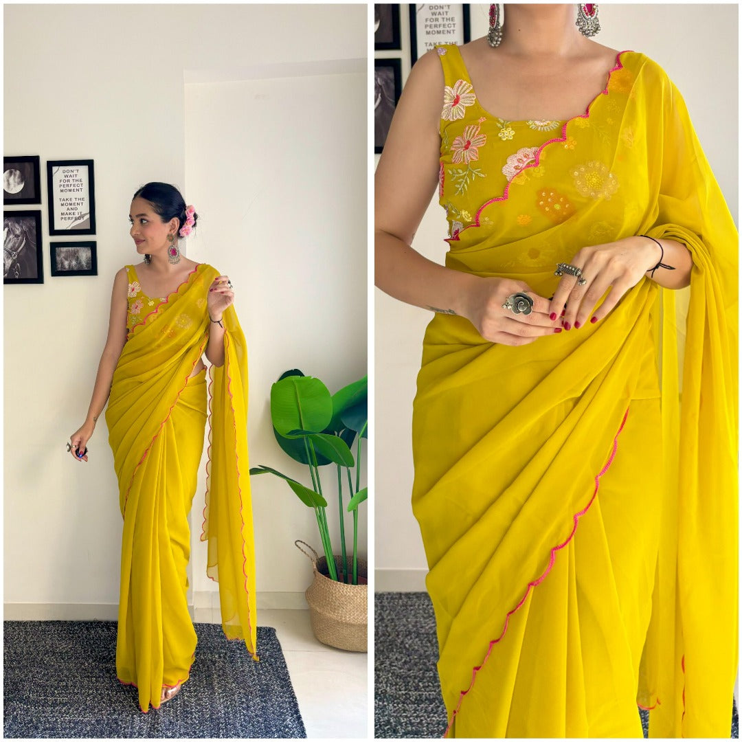 Sweta Yellow Saree: Fox Georgette with Unstitched Blouse