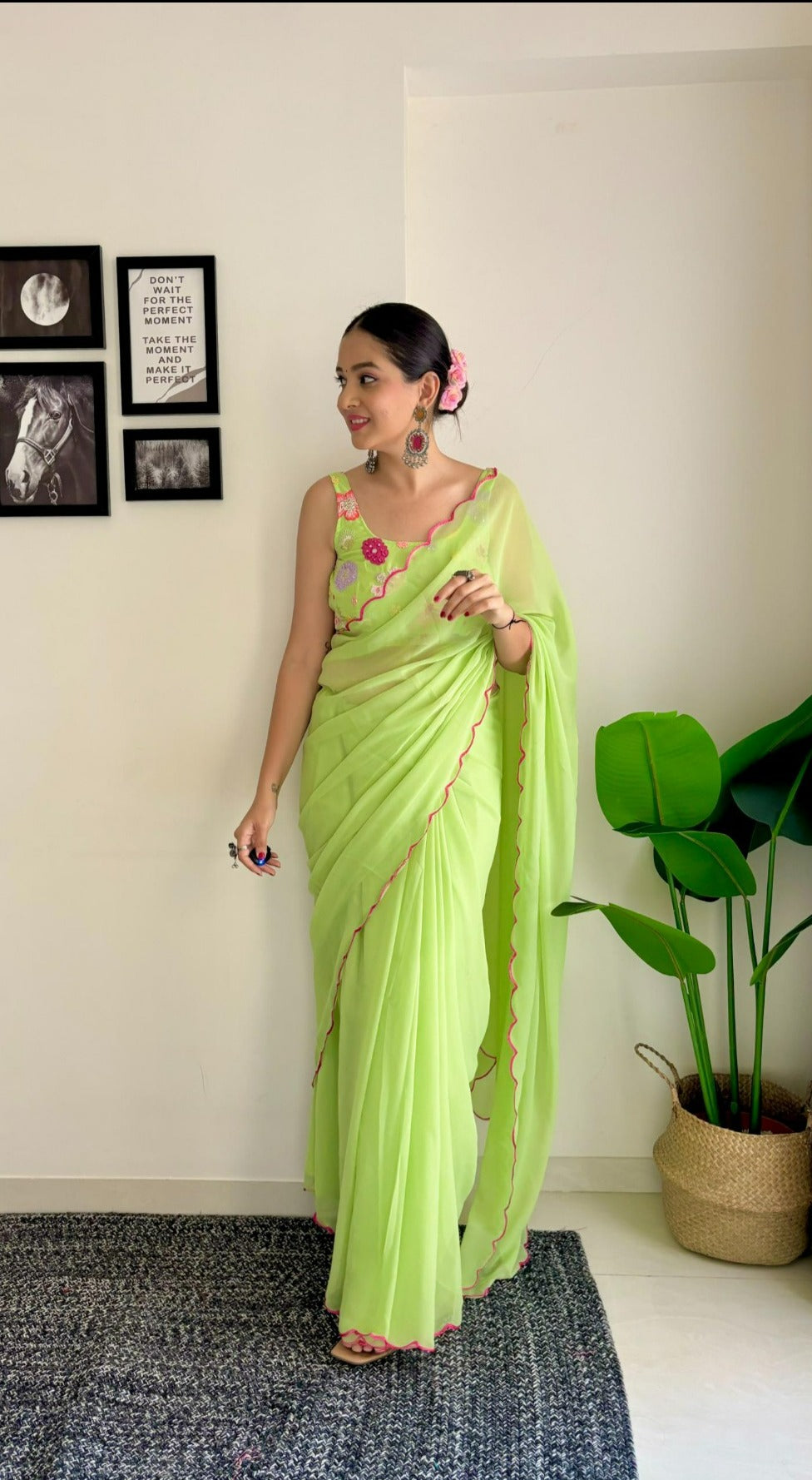 Sweta Parrot Green Saree: Fox Georgette with Unstitched Blouse