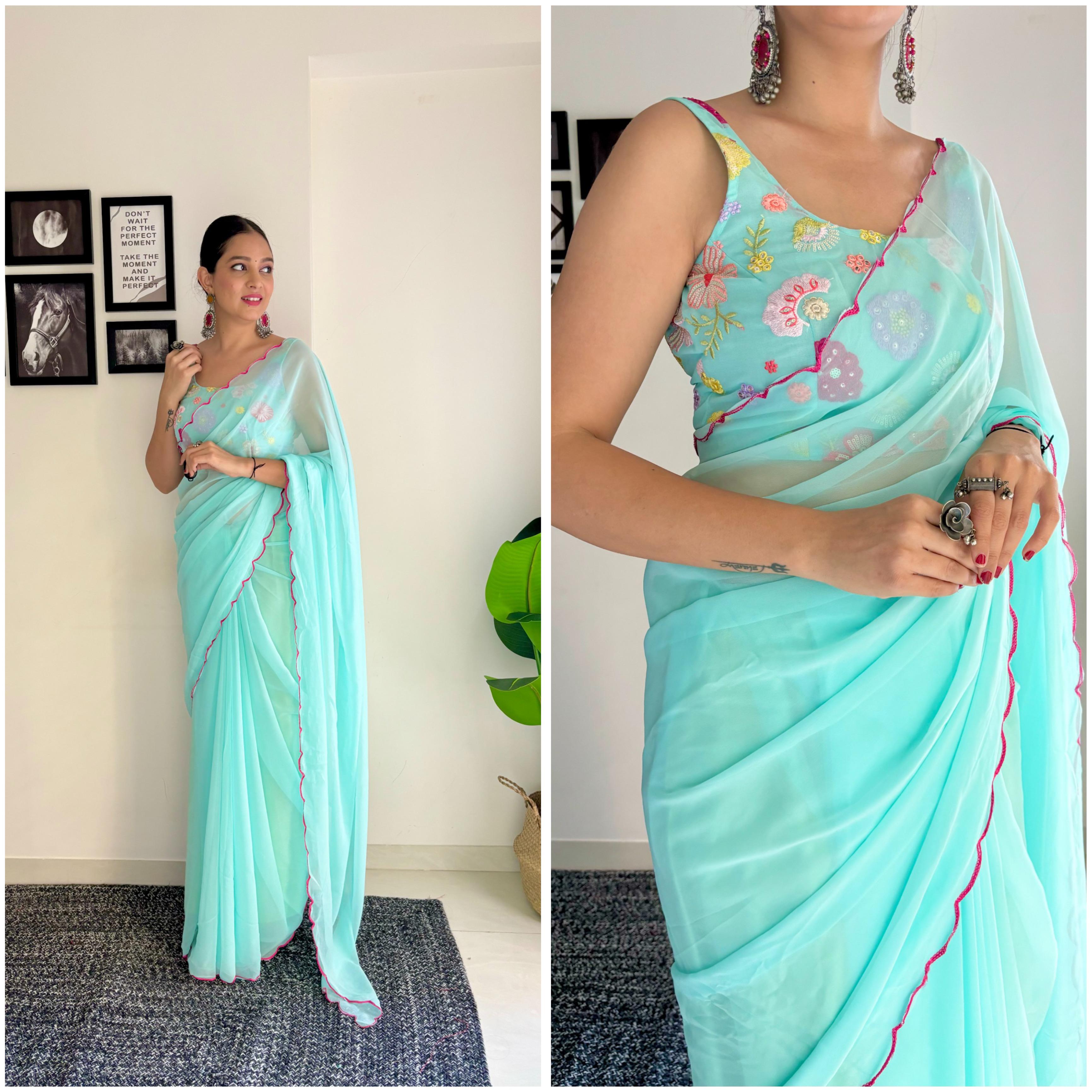 Sweta Sky Blue Saree: Fox Georgette with Unstitched Blouse