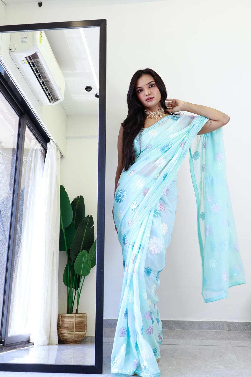 Flower Sky Blue - faux Georgette Saree with sequence Embroidery Work