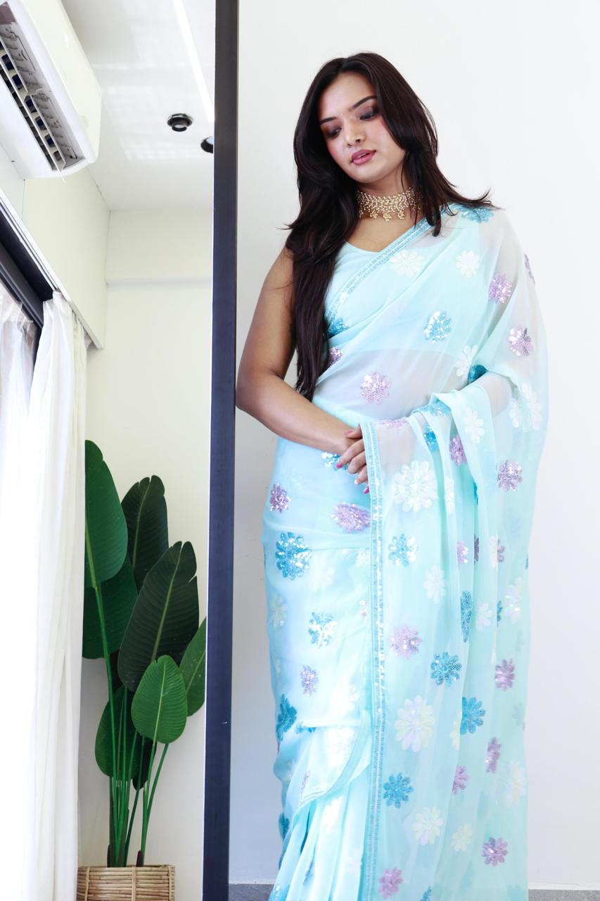 Flower Sky Blue - faux Georgette Saree with sequence Embroidery Work