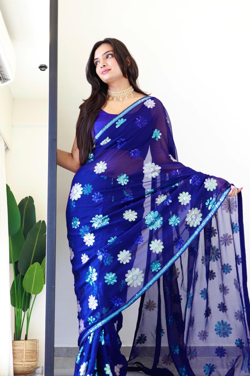 Flower Royal Blue -Faux Georgette Saree with sequence Embroidery Work