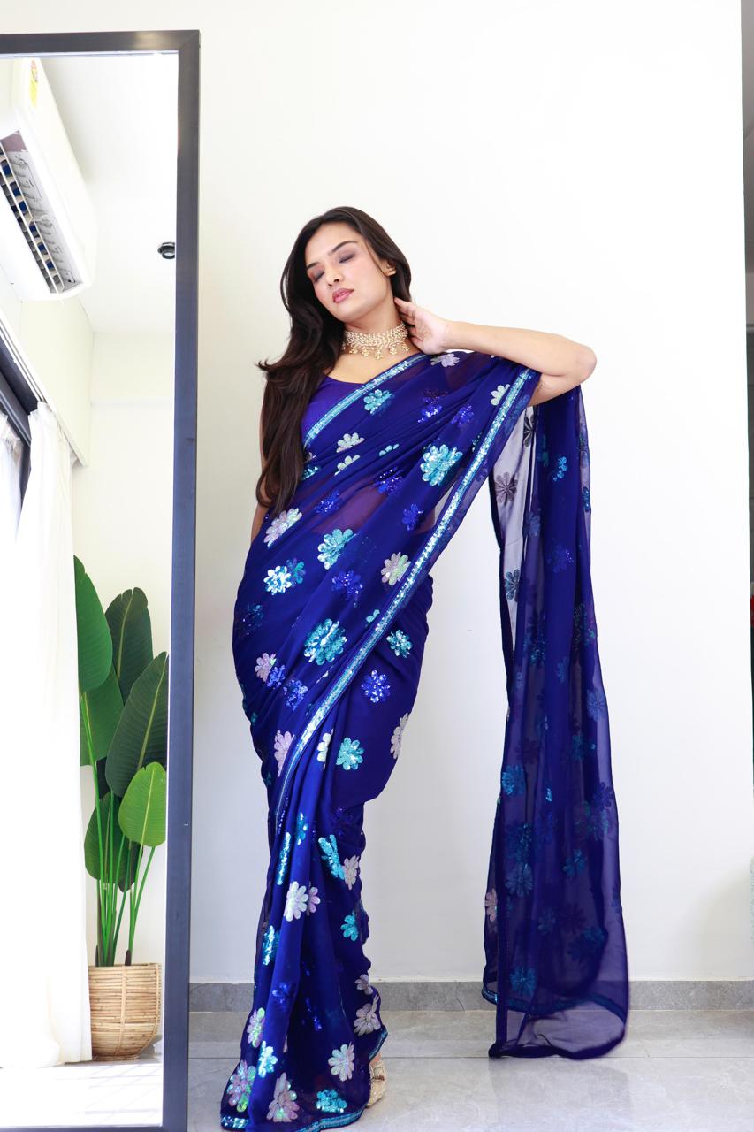 Flower Royal Blue -Faux Georgette Saree with sequence Embroidery Work