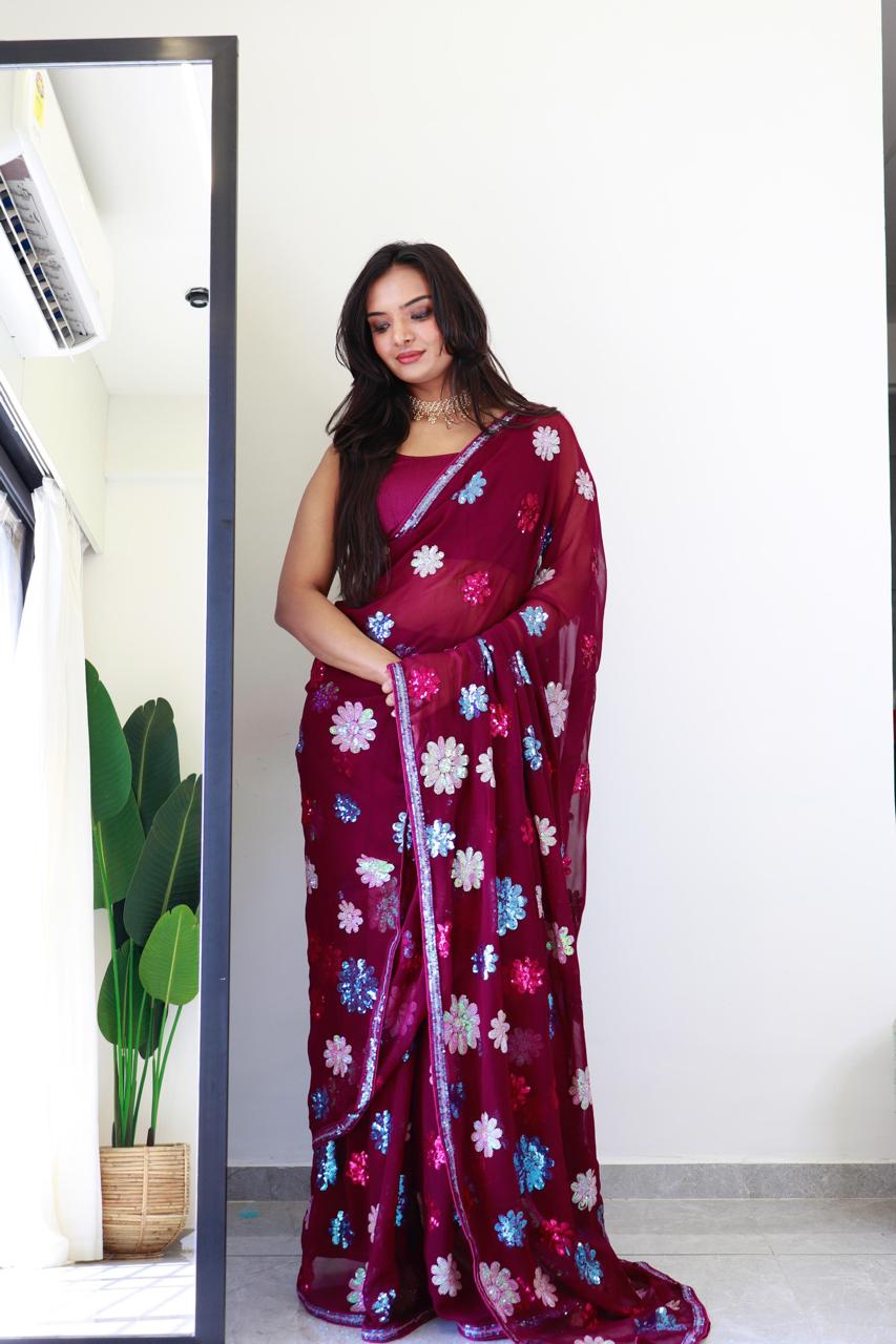 Flower Wine - Faux Georgette Saree with Sequence Embroidery Work.