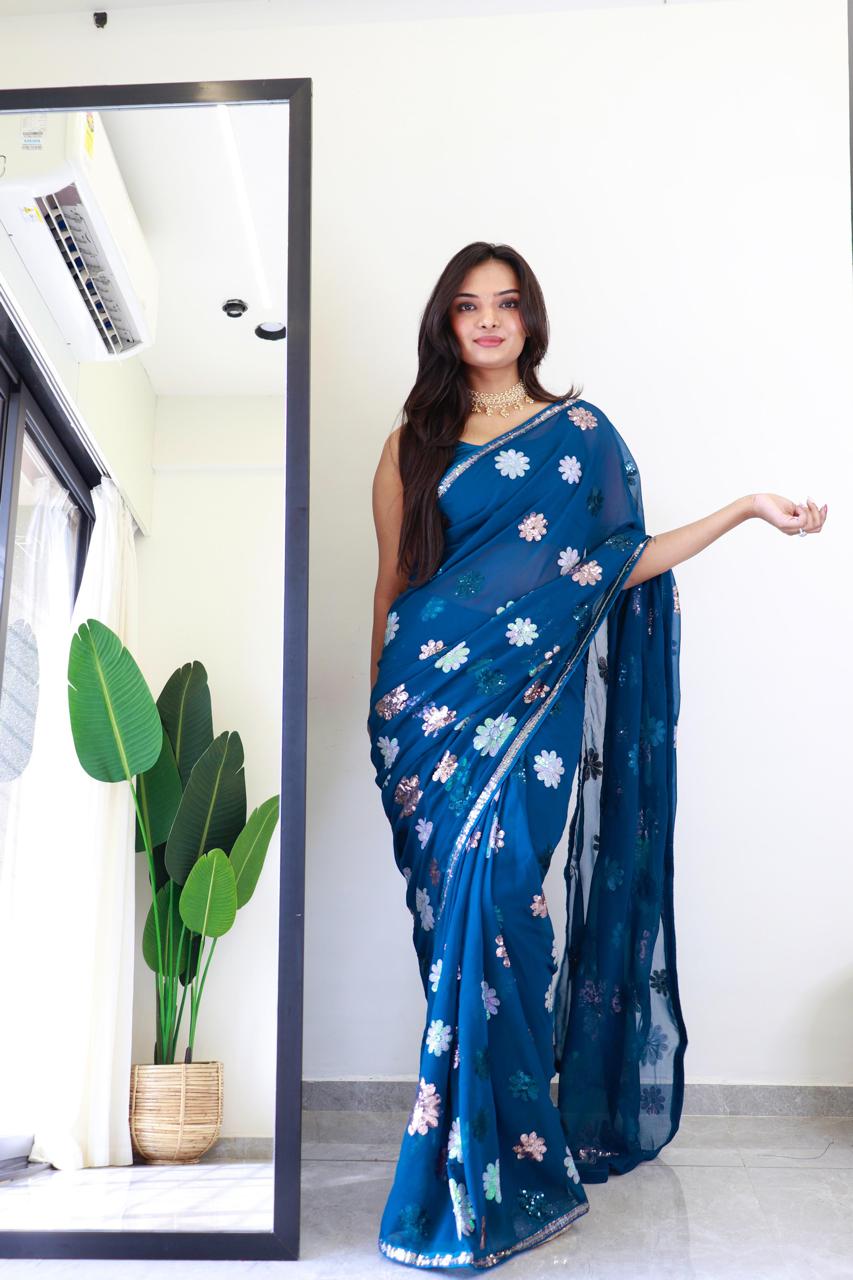 Flower Firozi - Faux Georgette Saree with sequence Embroidery Work