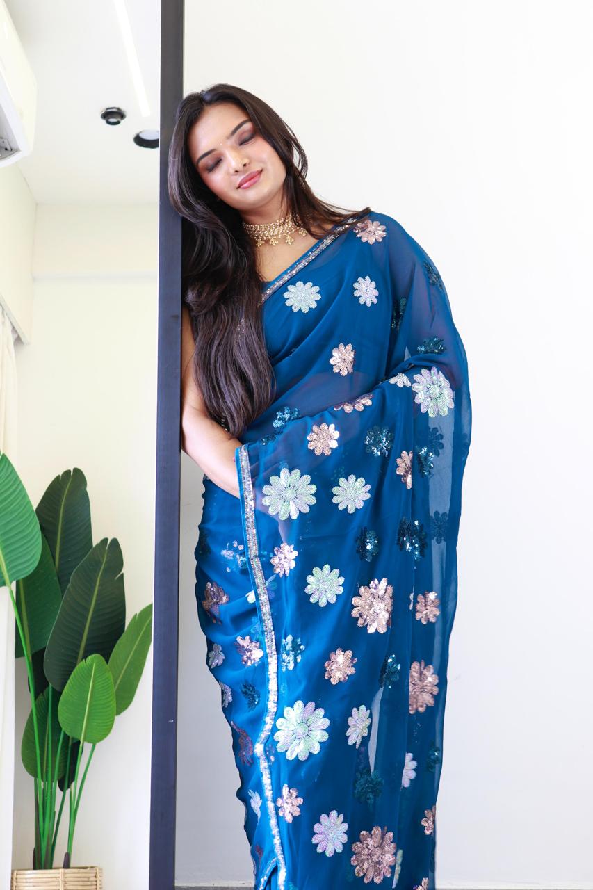 Flower Firozi - Faux Georgette Saree with sequence Embroidery Work