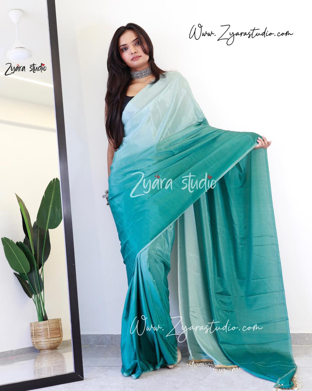 Tassels SKY : 1 Min Ready to Wear Ombre Georgette Silk Saree with Unstitched Blouse